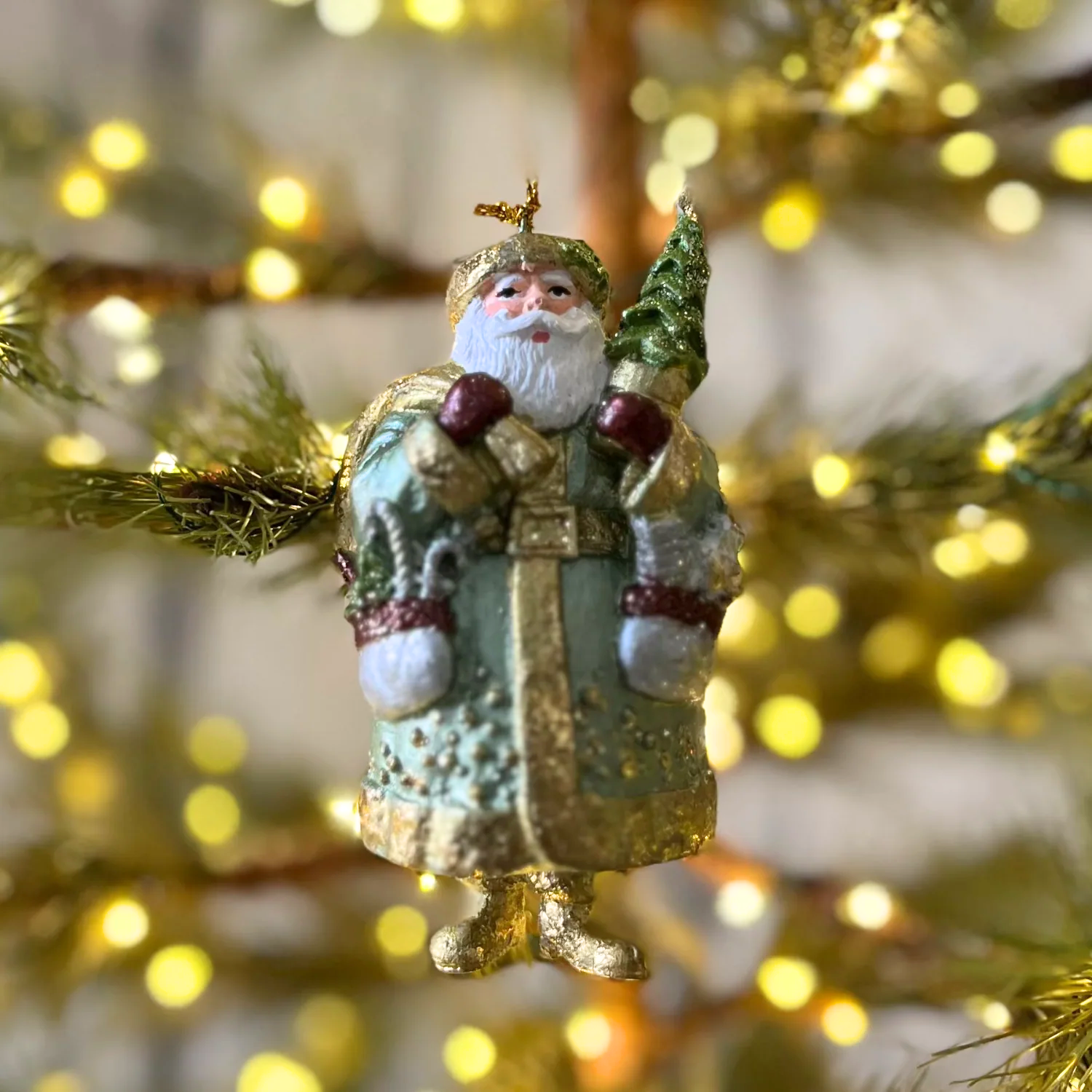 Victorian Santa ready for Christmas with Tree and Toys Holiday Ornament