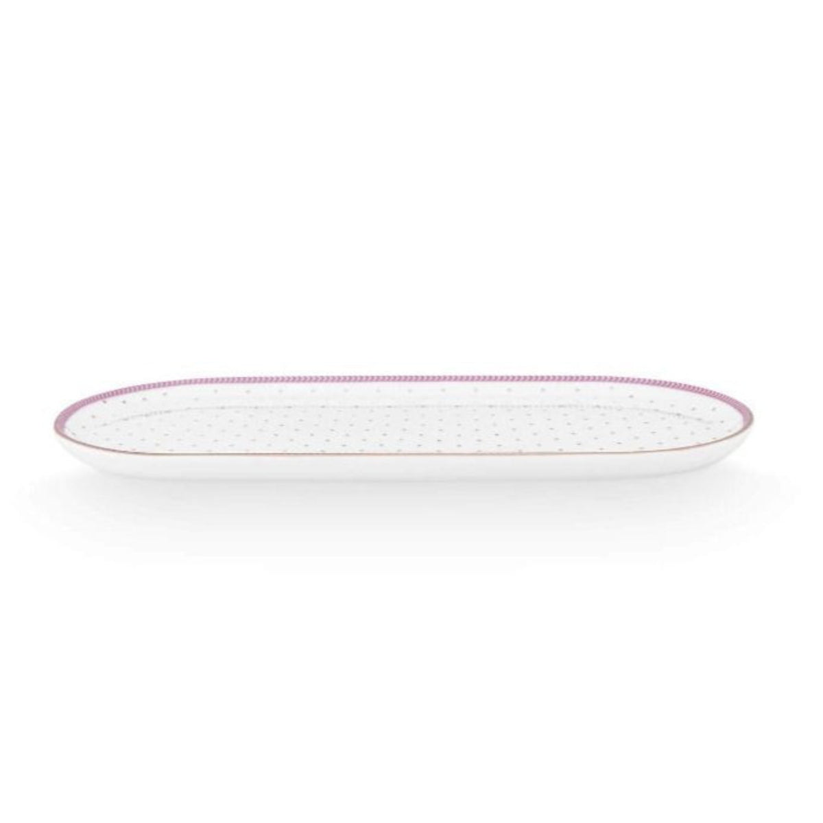 White porcelain tray with gold dots and pink rim on a white background