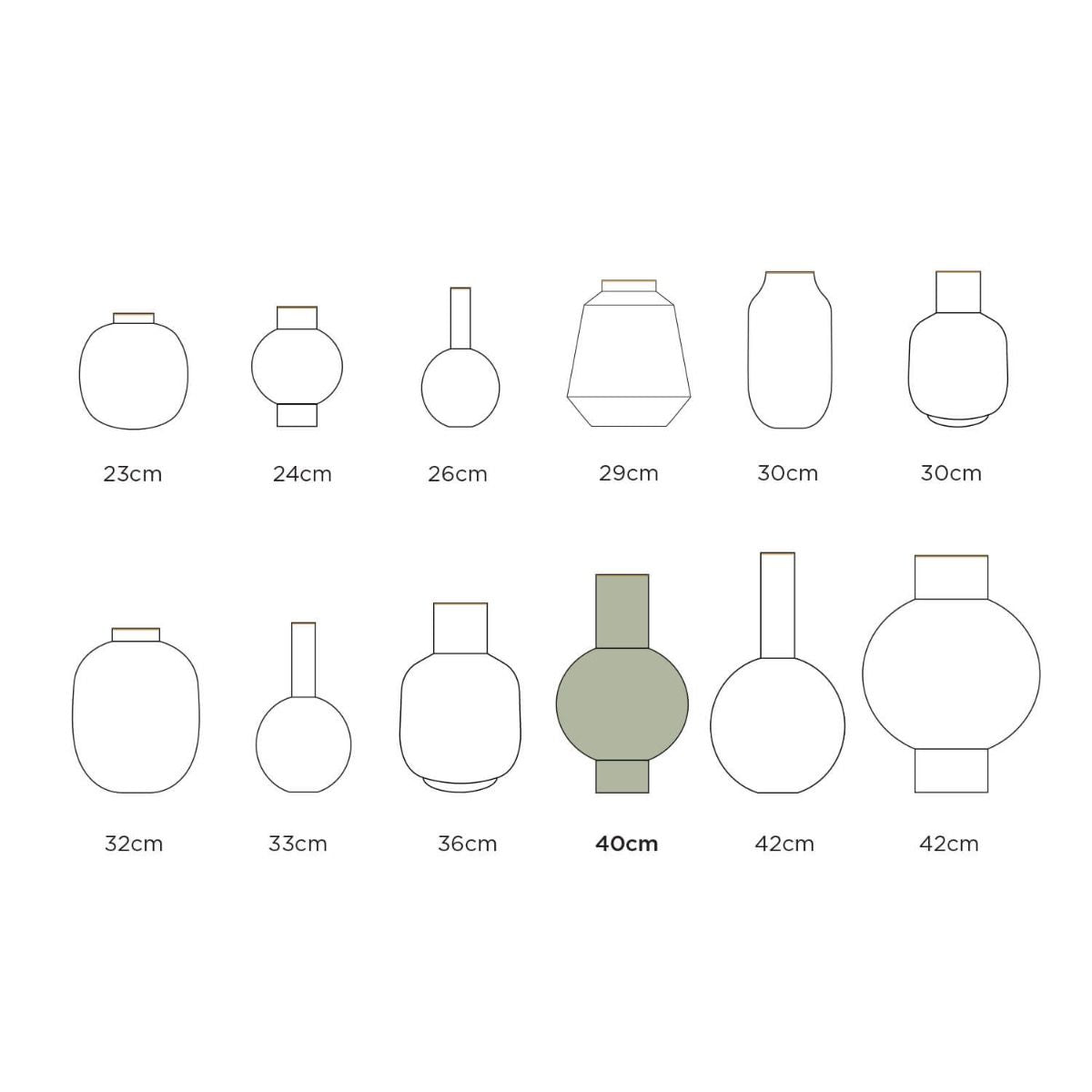 Set of line drawings of vases with labeled dimensions on a white background