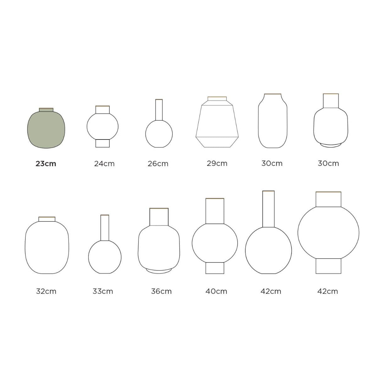 Illustrations of vases with dimensions labeled below each.