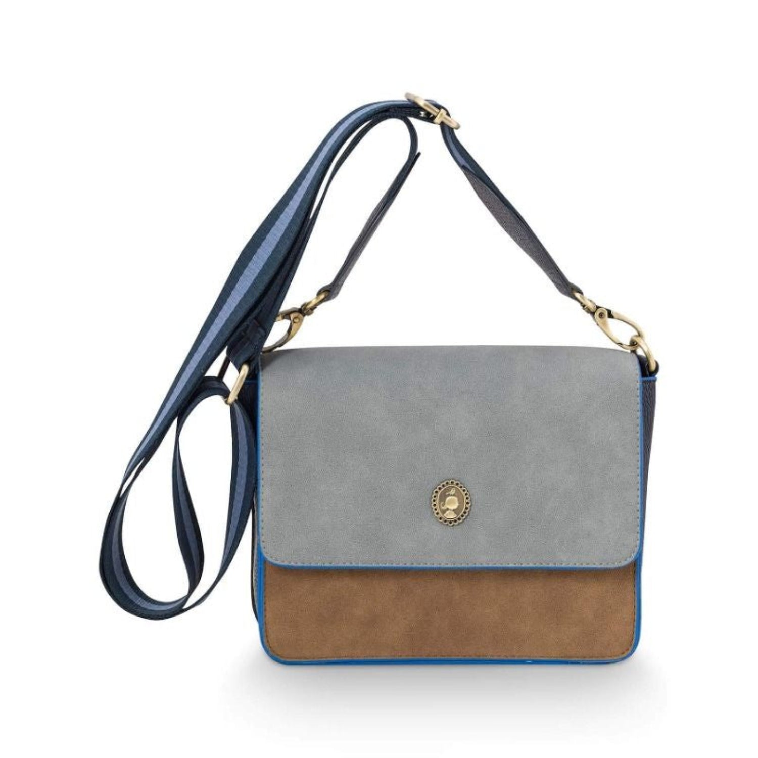 Crossbody bag with blue and brown design on a white background