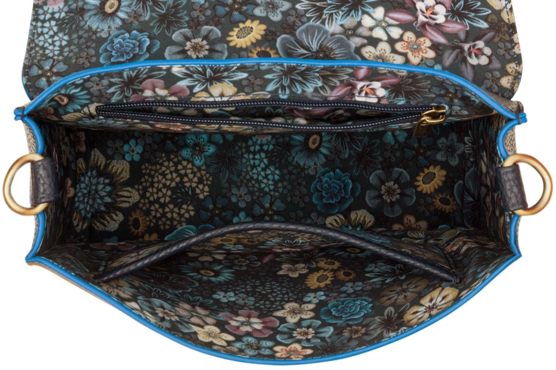 Floral-patterned handbag with open front showing interior.