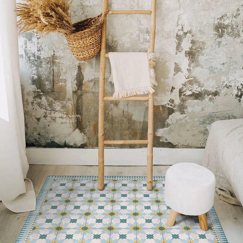 Home Smith Adama Fes Vinyl Rug in Blue and Yellow Adama Vinyl Mats