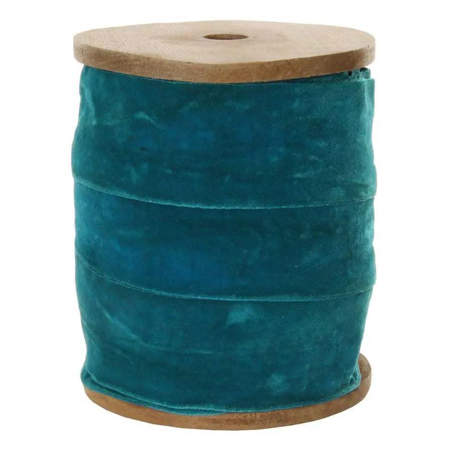 Antiqued 2" Velvet Ribbon on Wood Spool in Teal - Home Smith