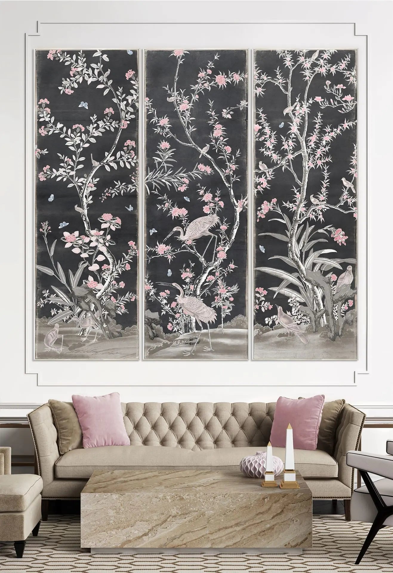 Chinoiserie Panels C. 1890 in Charcoal - Gallery Wrap - Home Smith