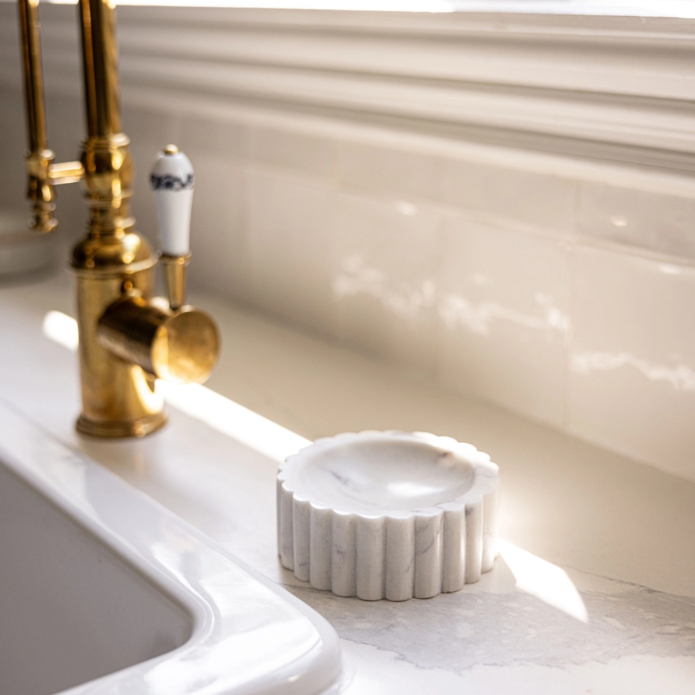 Fluted Marble Soap Dish available in black or white at Home Smith