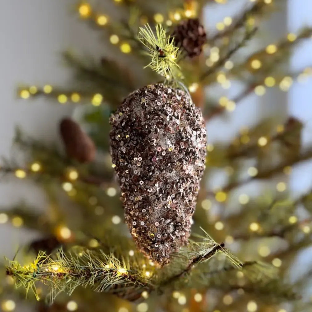 Glitter-Bead Pinecone Ornament in Champagne