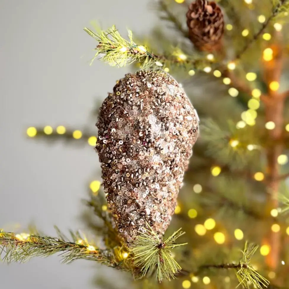 Glitter-Bead Pinecone Ornament in Champagne