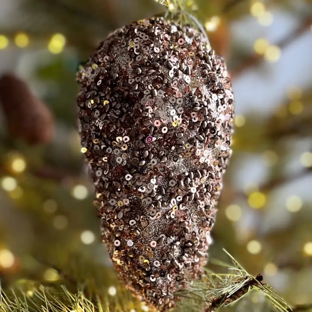 Glitter-Bead Pinecone Ornament in Champagne