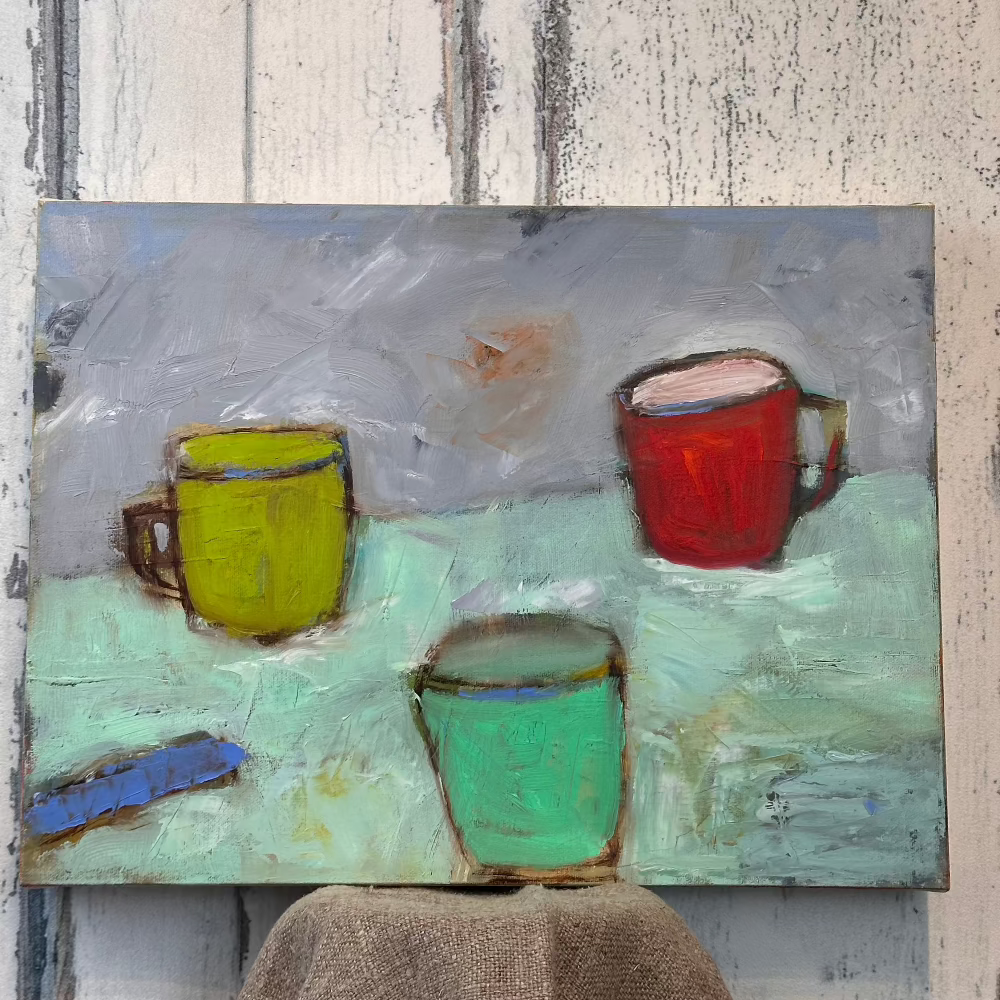 Green Table with Cups, an Original artwork by Robin Grindley, oil on canvas at Home Smith