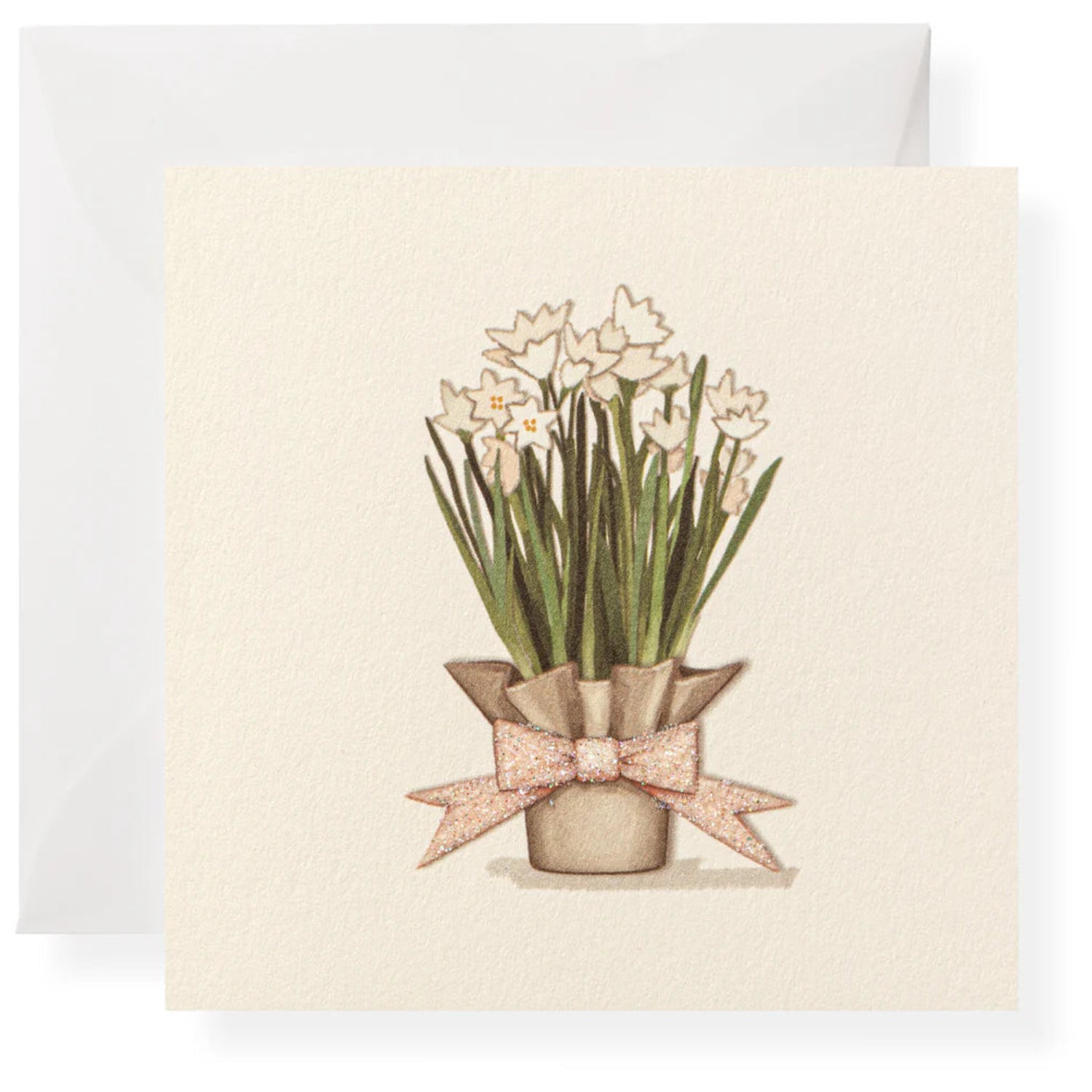 Card with a potted plant illustration and a bow on a beige background