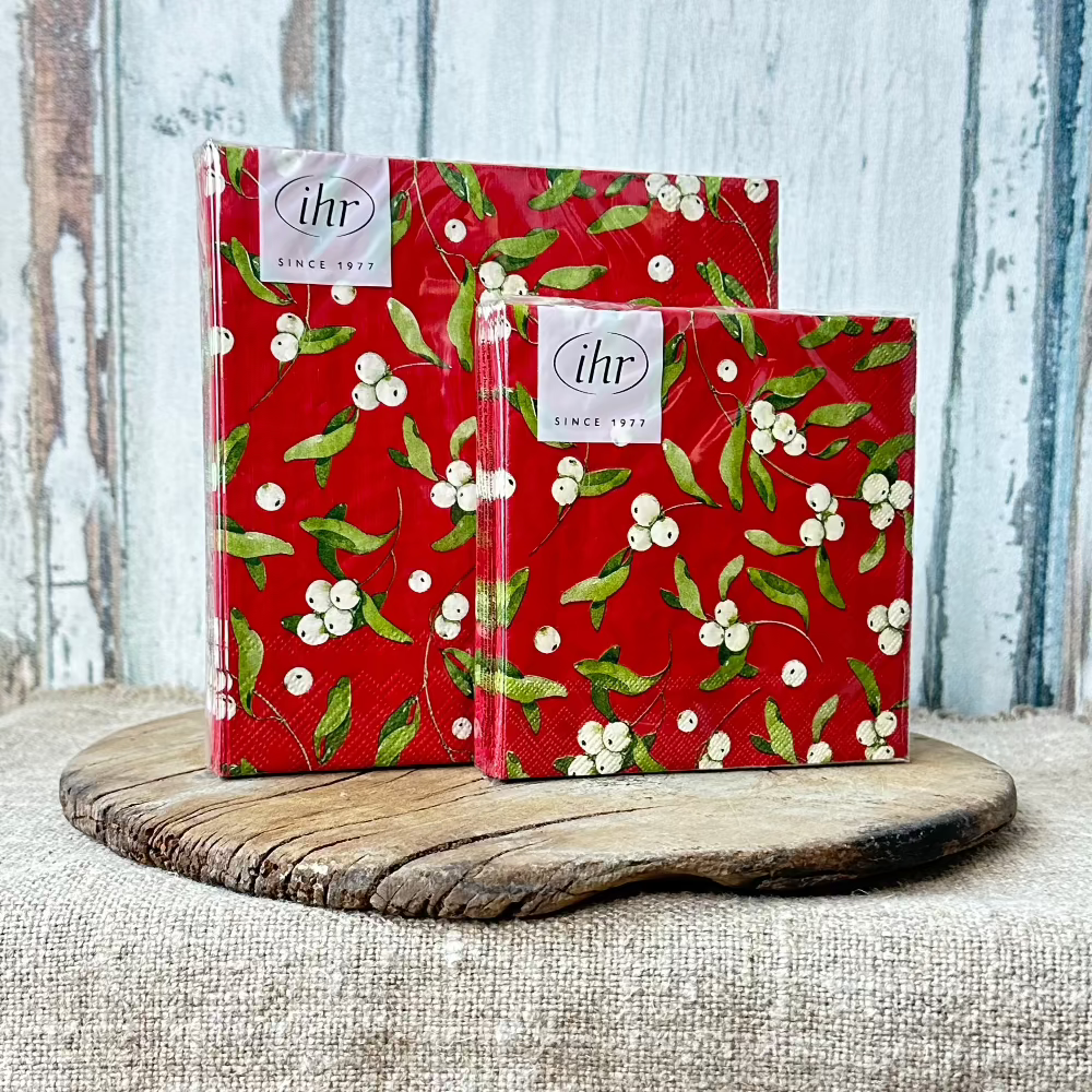 Holiday napkins in red with mistletoe pattern at Home Smith