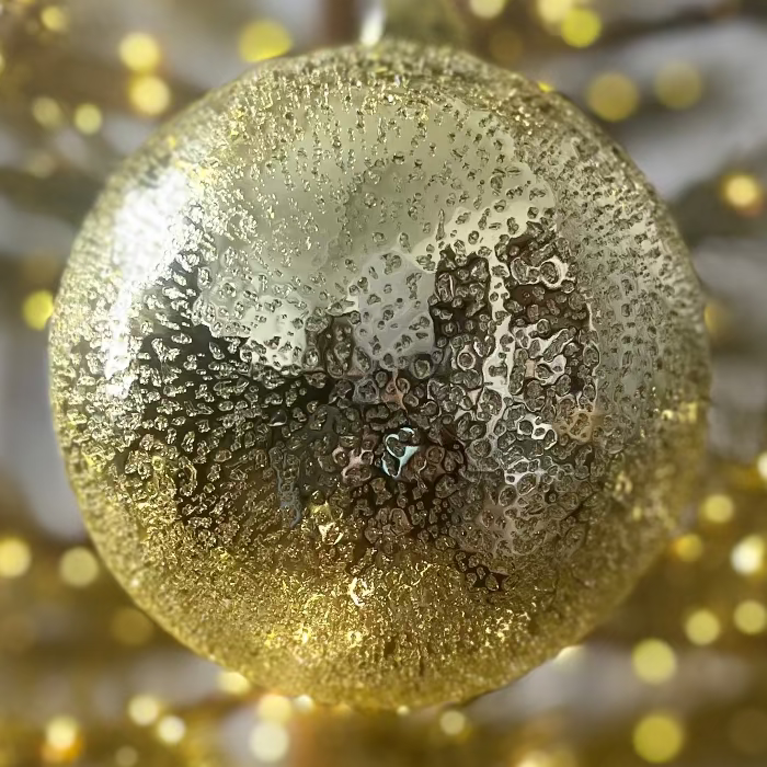 Decorative gold ornament on a Christmas tree with twinkling lights