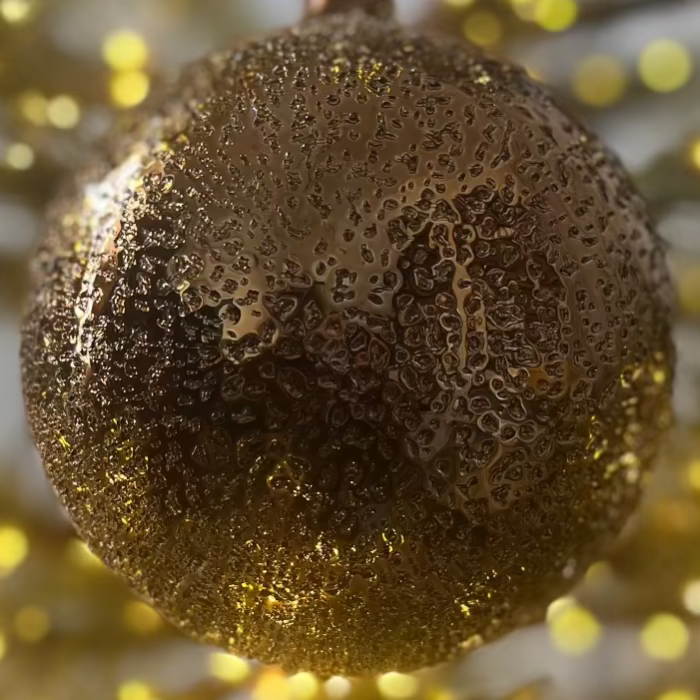 Decorative gold ornament on a Christmas tree with warm glow