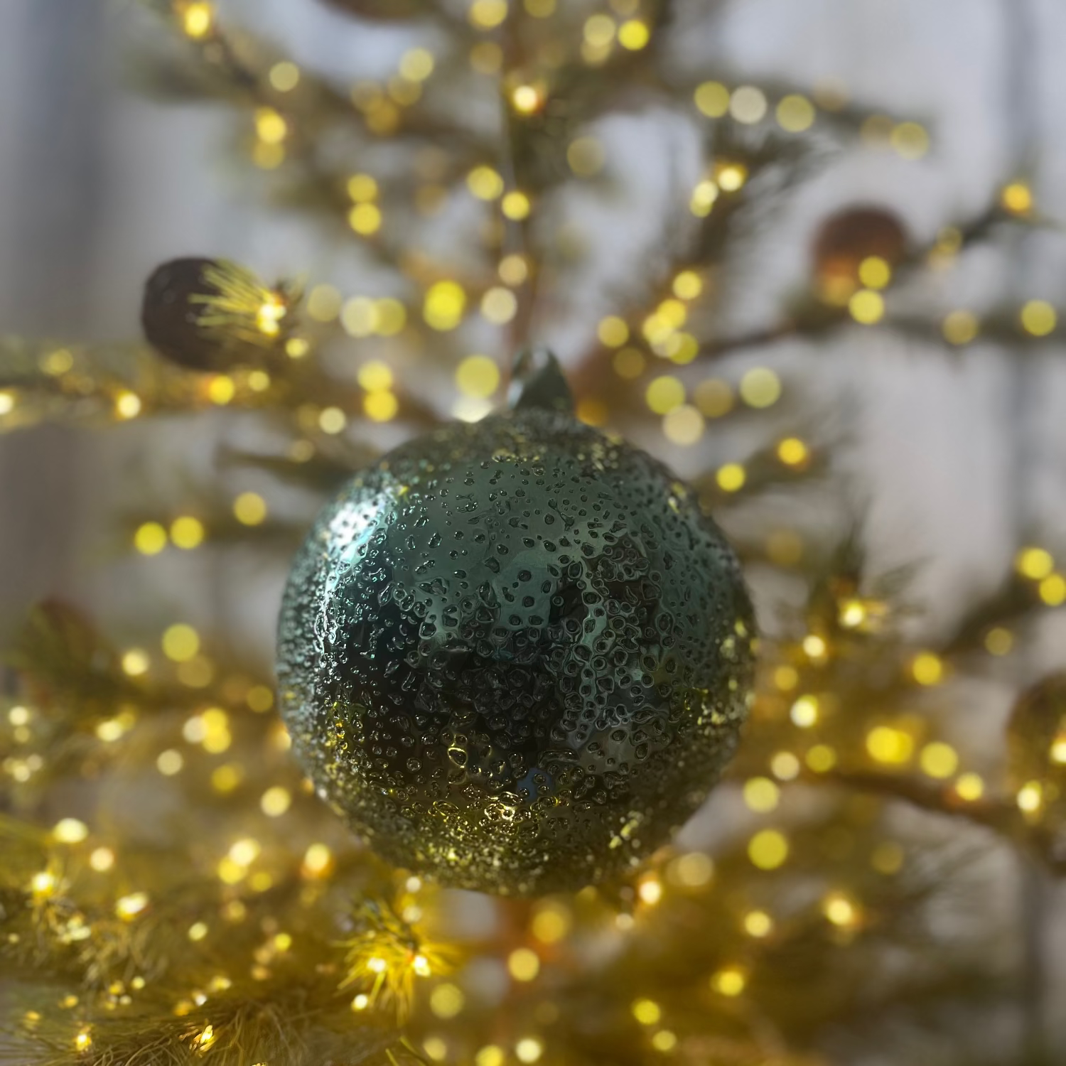 Decorative ornament with a reflective surface against a blurred background with lights