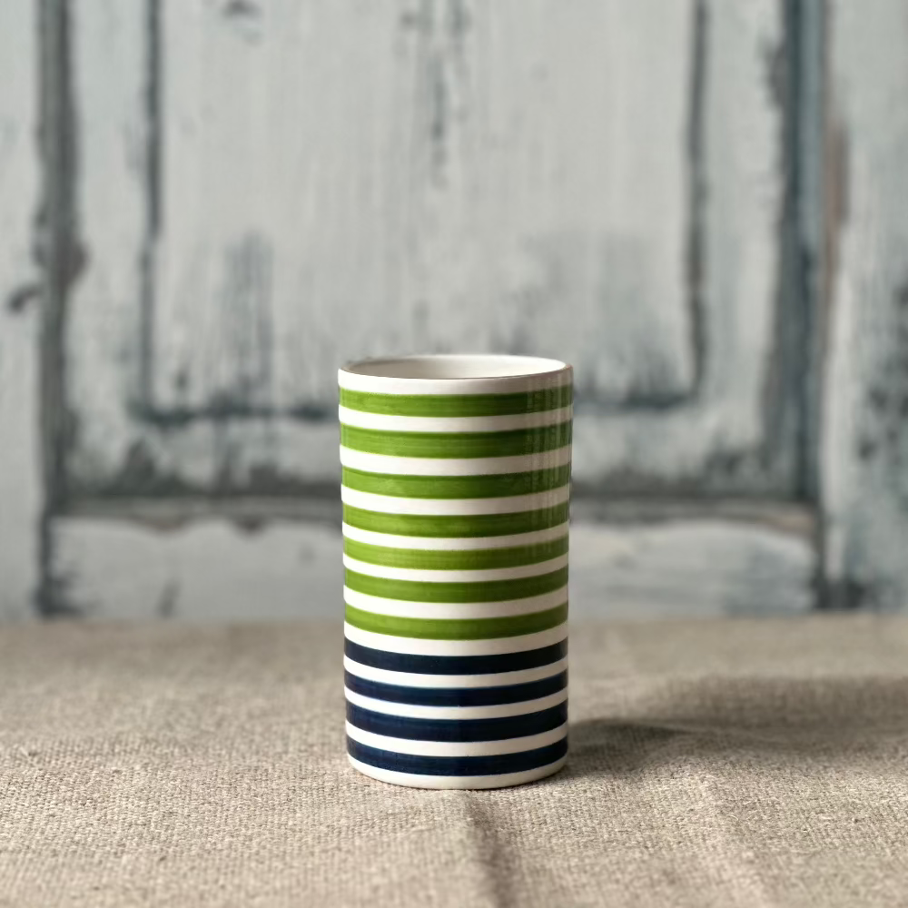 Jill Rosenwald Small Stripe Skinny Vase in Kiwi/Prussian at Home Smith