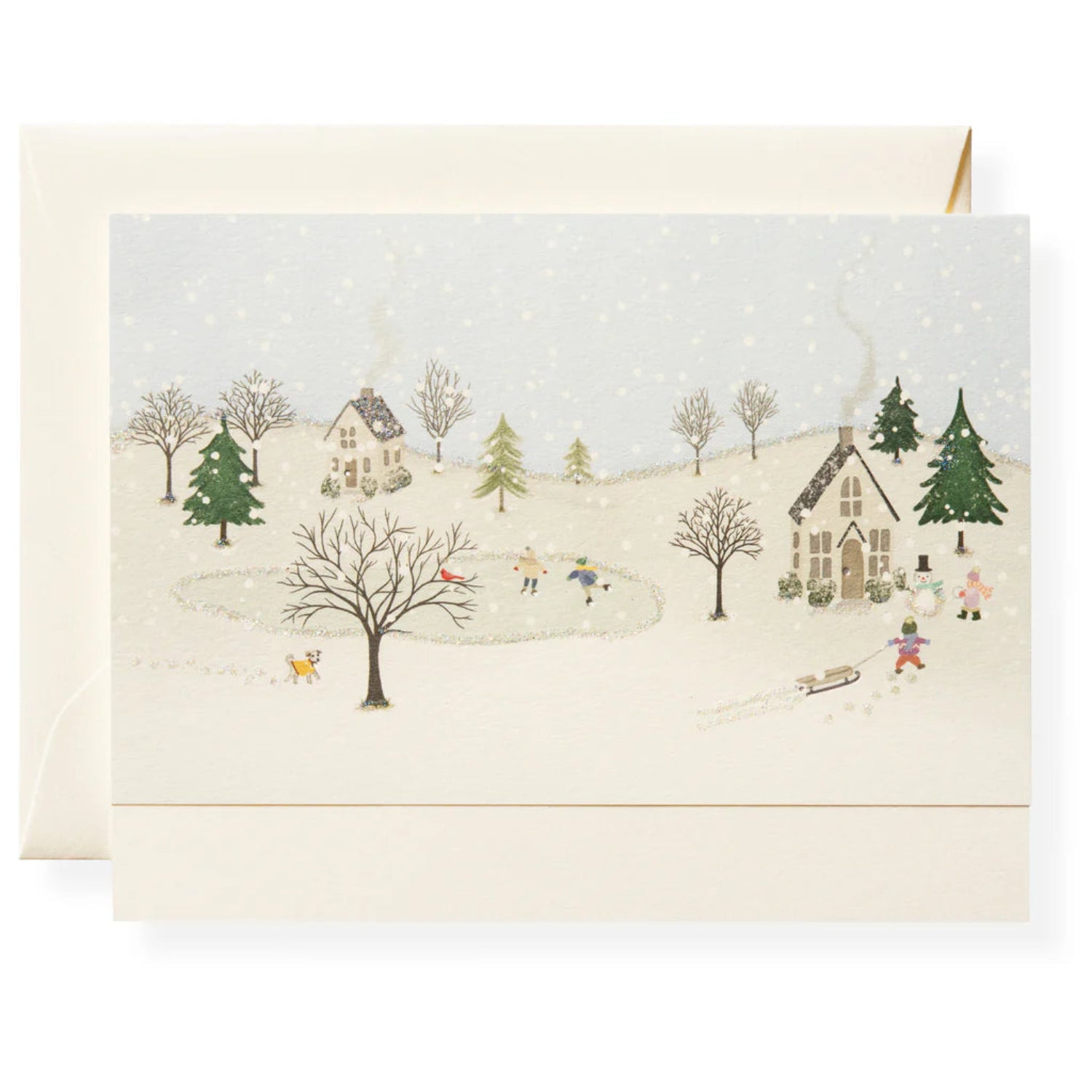 Card with winter scene illustration of people playing in the snow, trees, and houses.