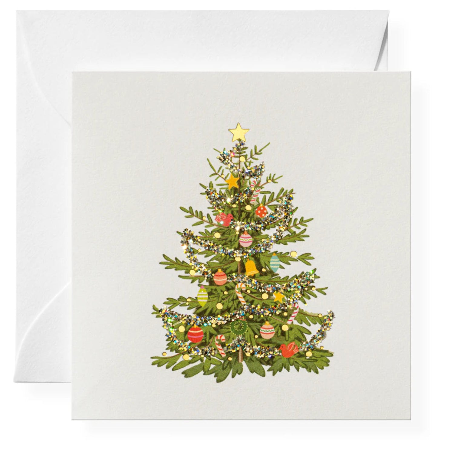 Greeting card with a Christmas tree design on a white background