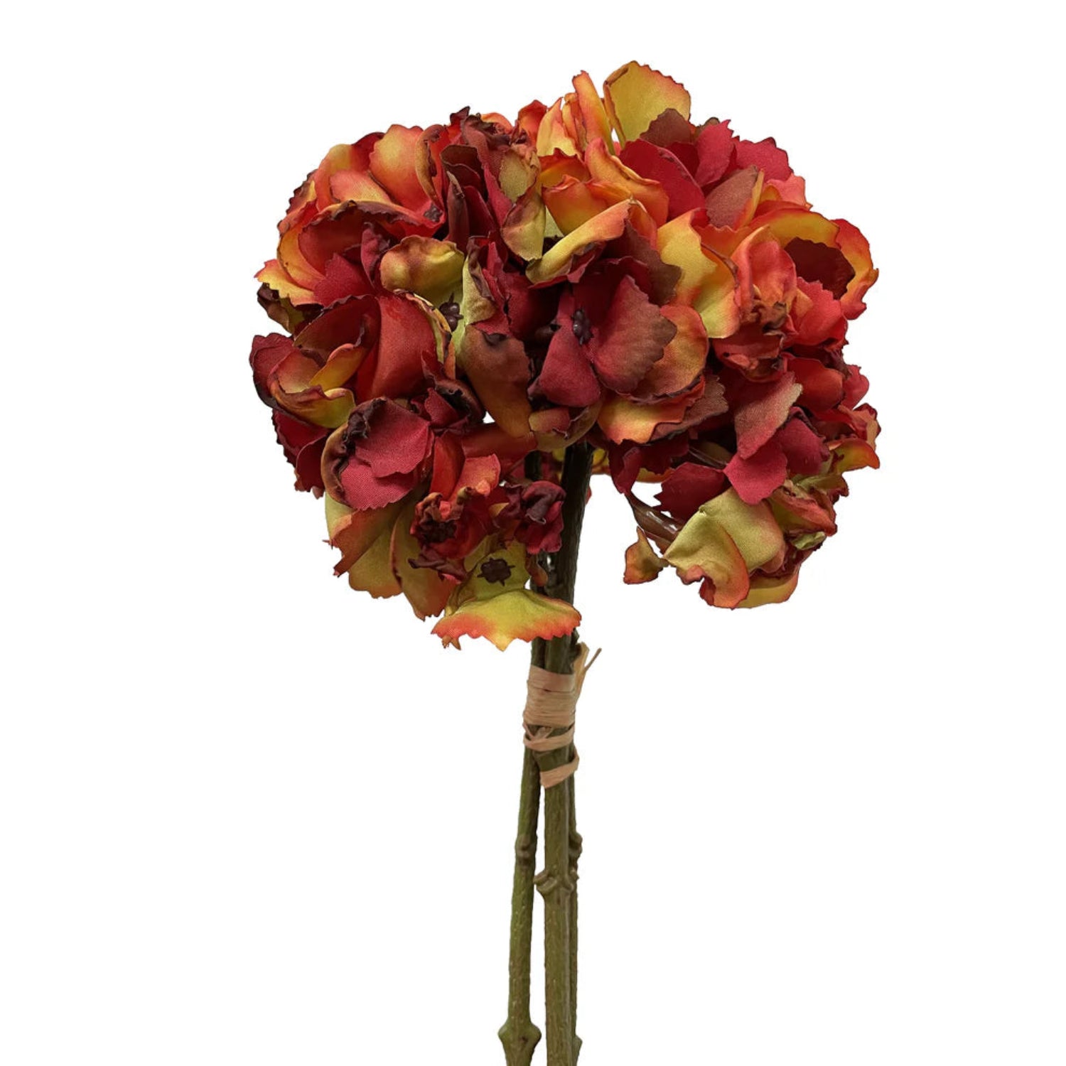 Bouquet of artificial hydrangeas with red, orange, and yellow hues on a white background