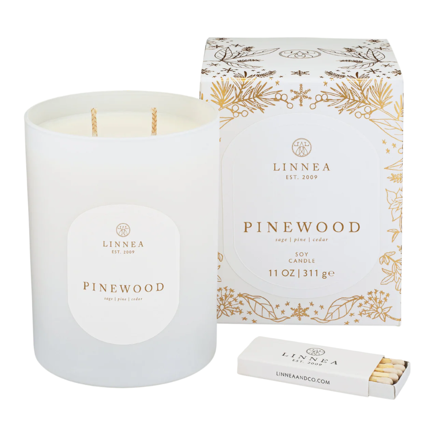 LINNEA Pinewood candle with packaging and matches on a white background