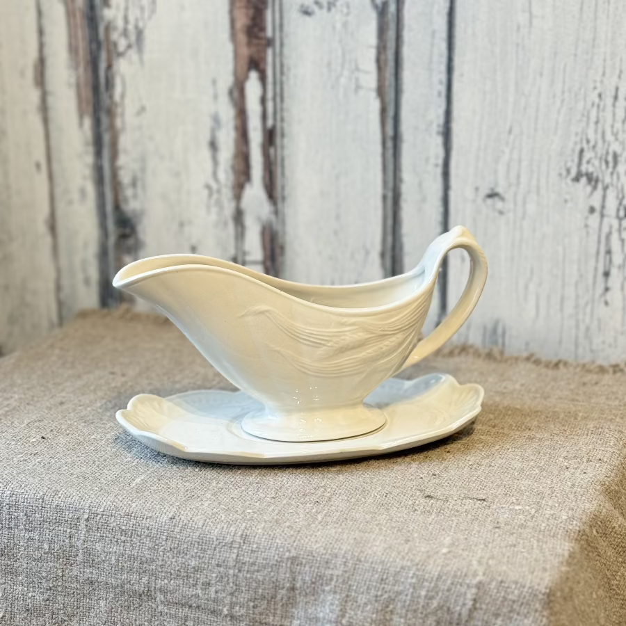Vintage Royal Crownford White Wheat Gravy Boat and Under Plate