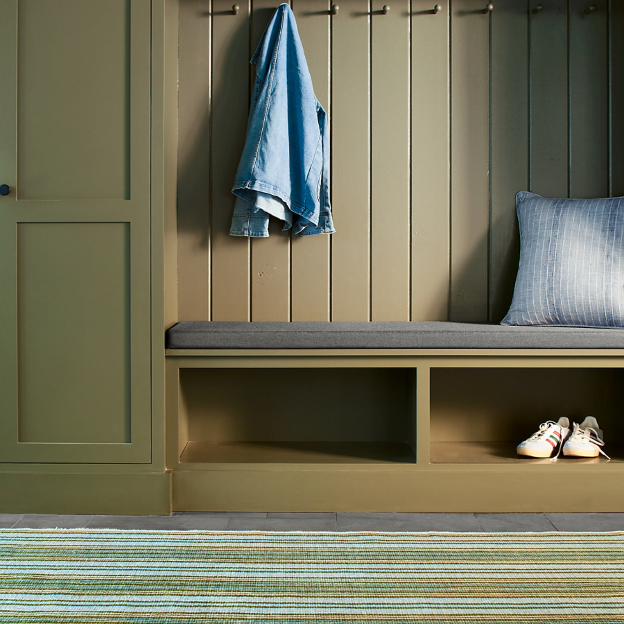 Caravan Blue and Green Striped Machine Washable Rug at Home Smith