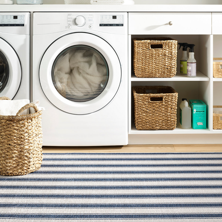 Blue Awning Stripe Machine Washable Rug from Dash and Albert
