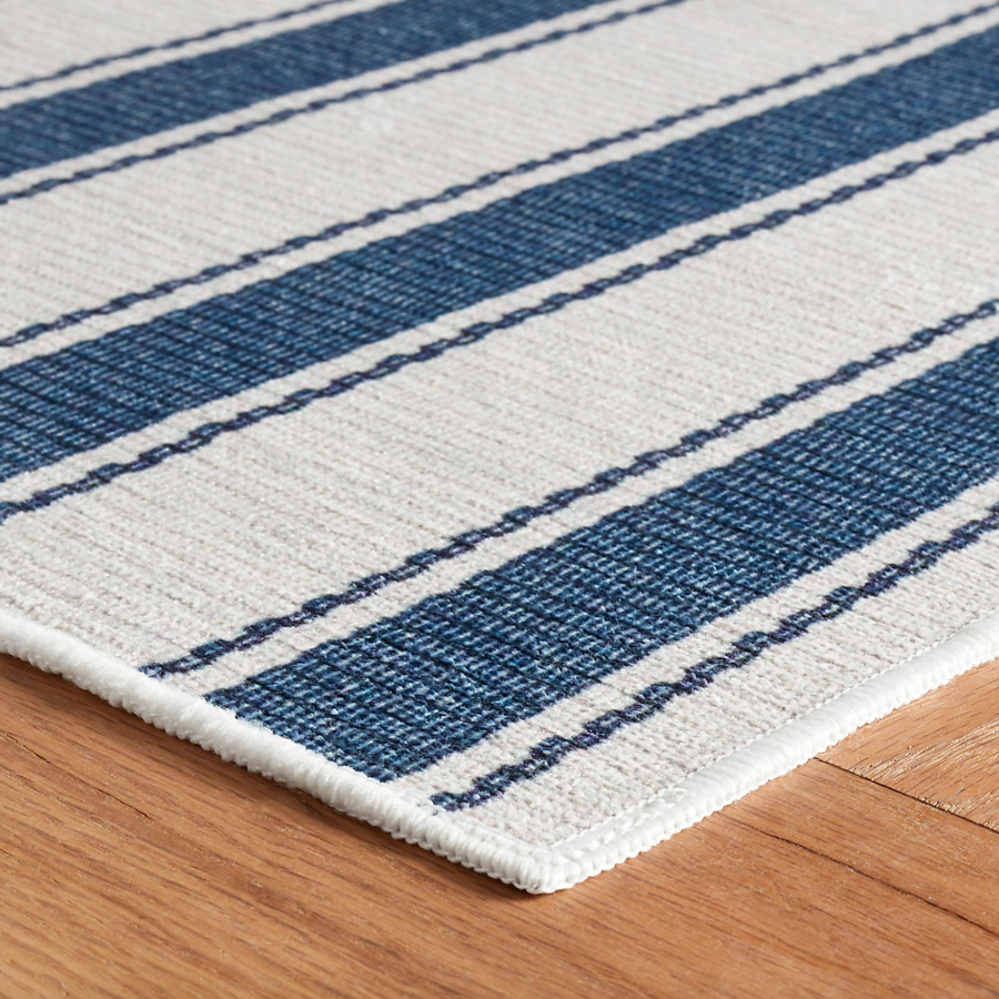 Blue Awning Stripe Machine Washable Rug at Home