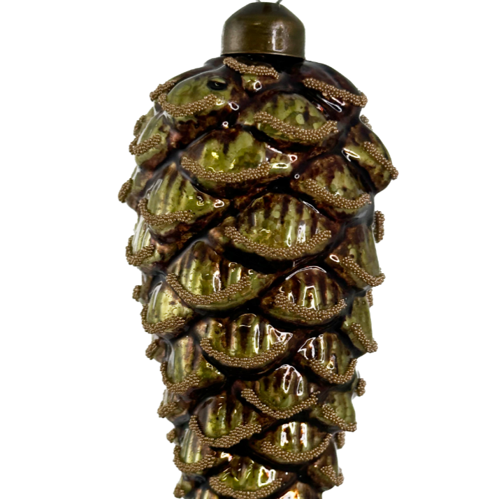Brown and green beaded pinecone glass ornament at Home Smith