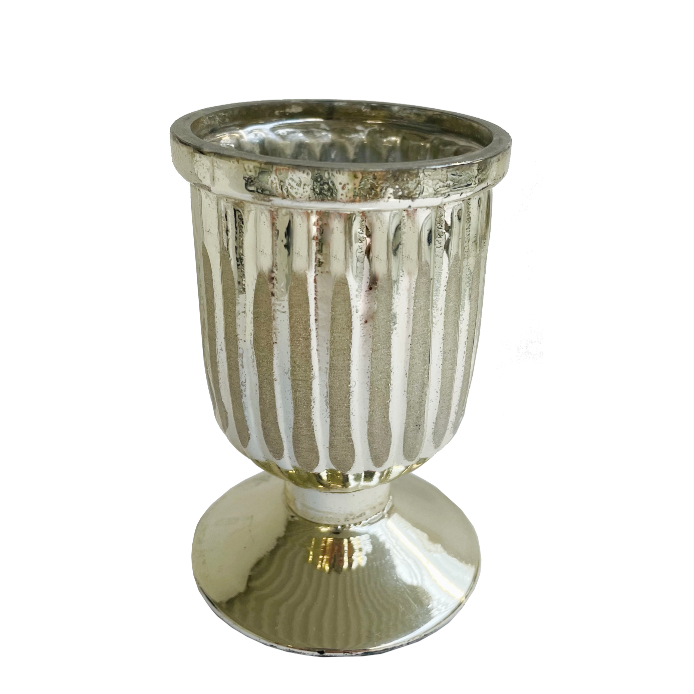 Hurricane Silver Glass Ribbed tea light candle holder at Home Smith