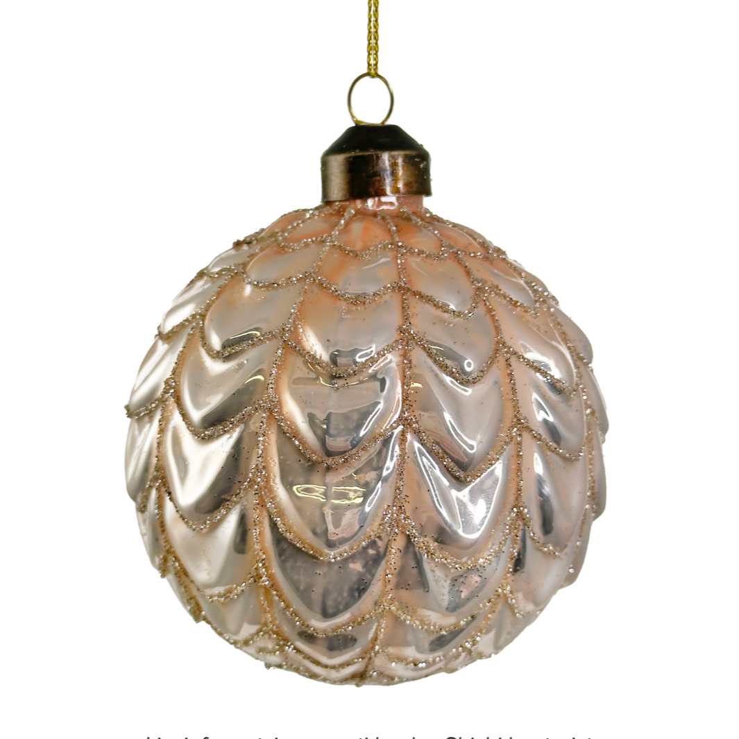 Shiny Pink glass ball ornament with champagne glitter at Home Smith