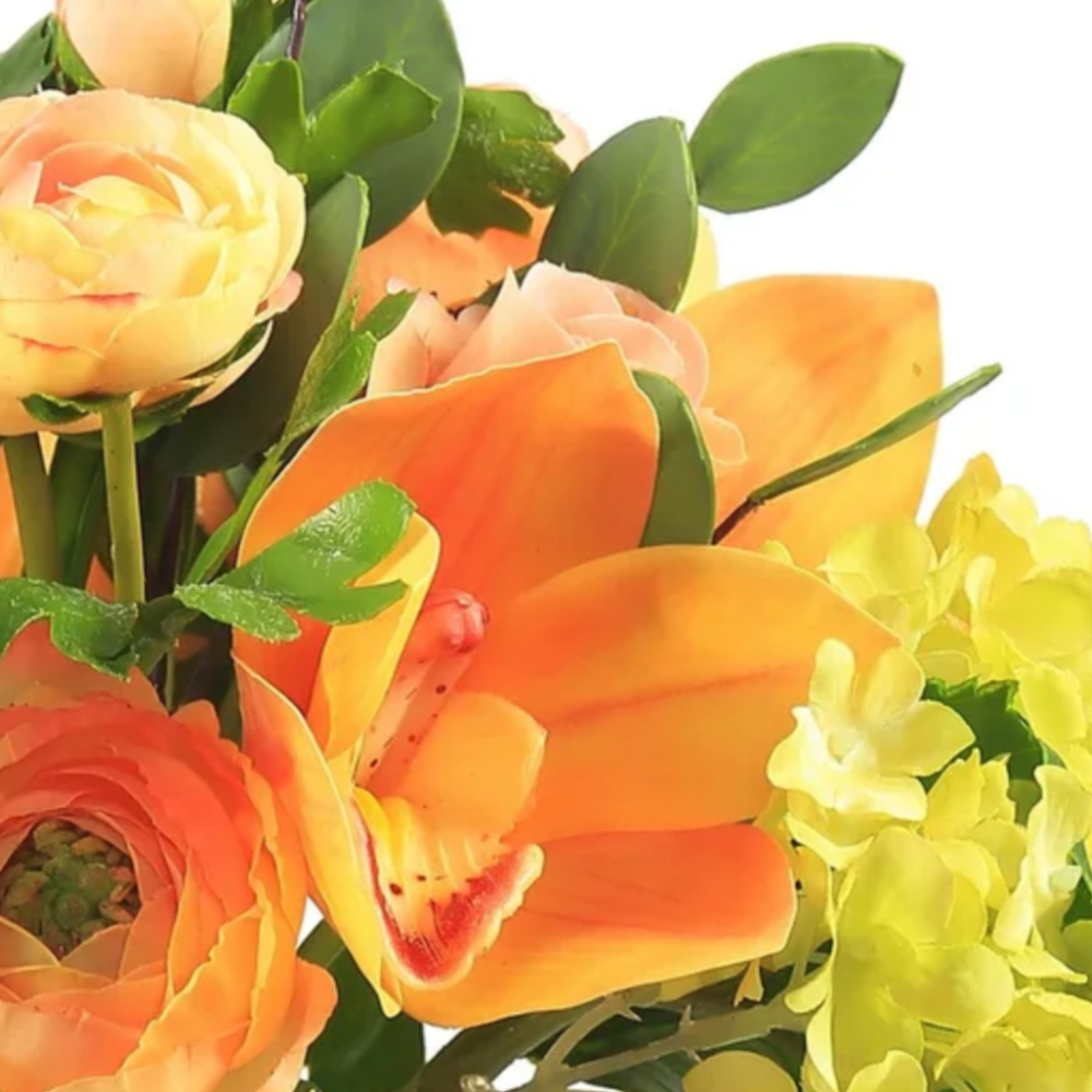 Detail of ranunculus and orchid faux bouquet in pink at Home Smth