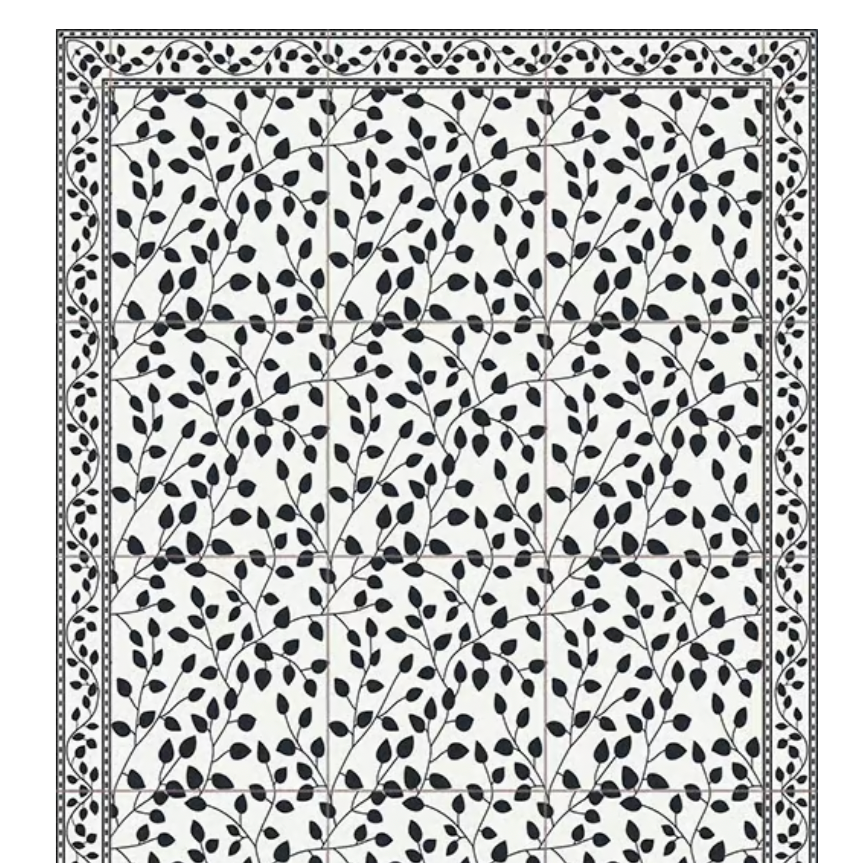 Adama Leaves Vinyl Rug in Black and White Detail at Home Smith