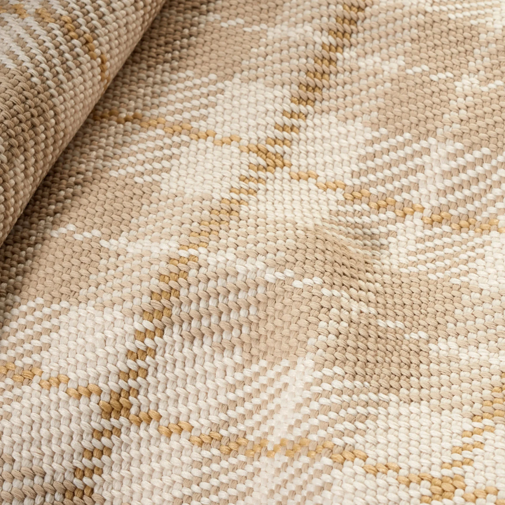 Close up of Lakeville Plaid Khaki Dash and Albert Indoor/Outdoor Rug at Home Smith
