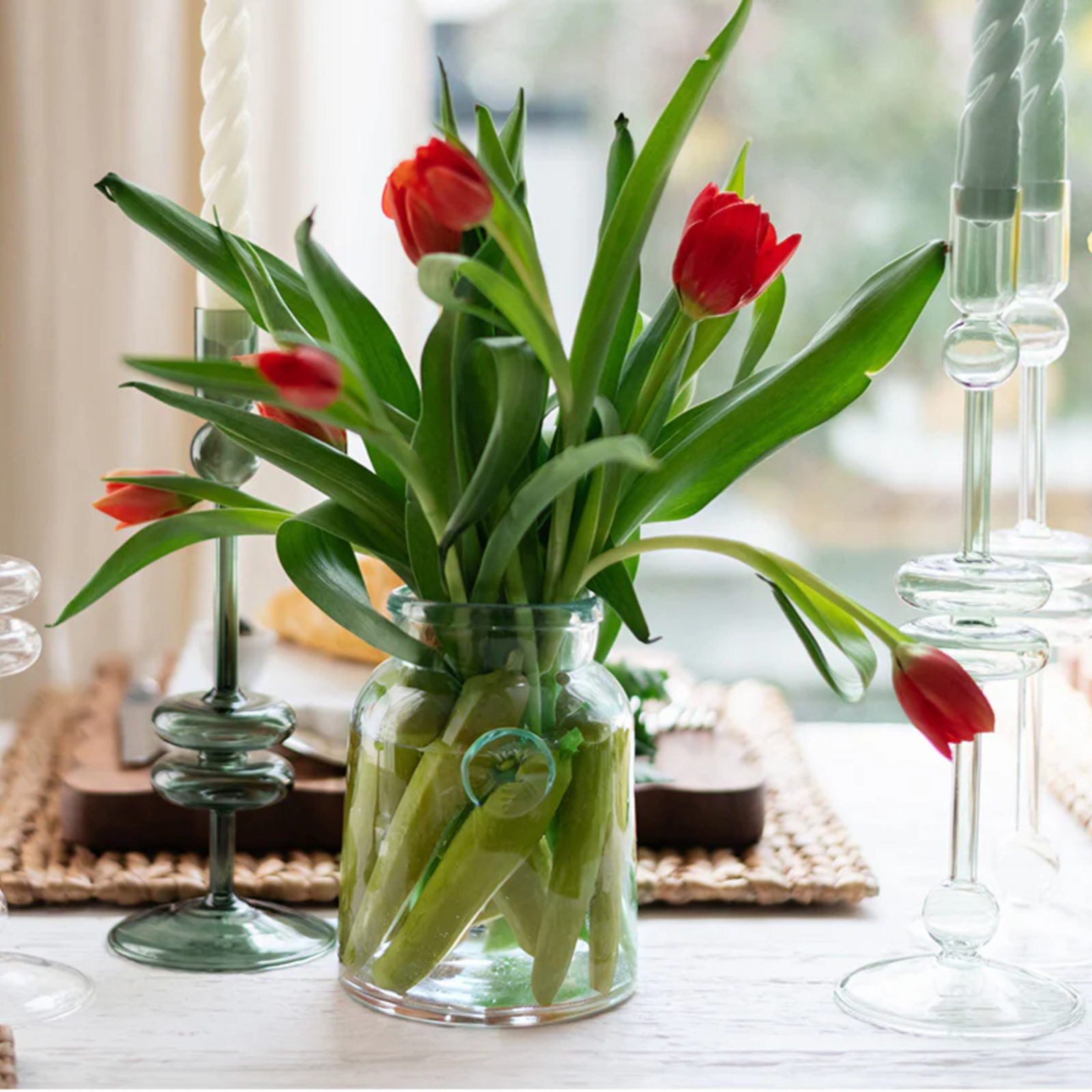 French Bee Glass Mason Jars with Tulips at Home Smith