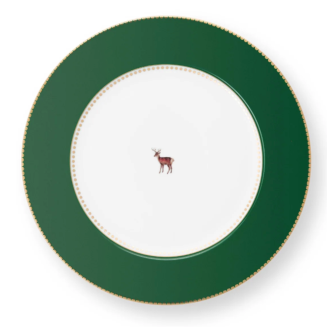 White plate with a green rim and a small deer illustration on a white background