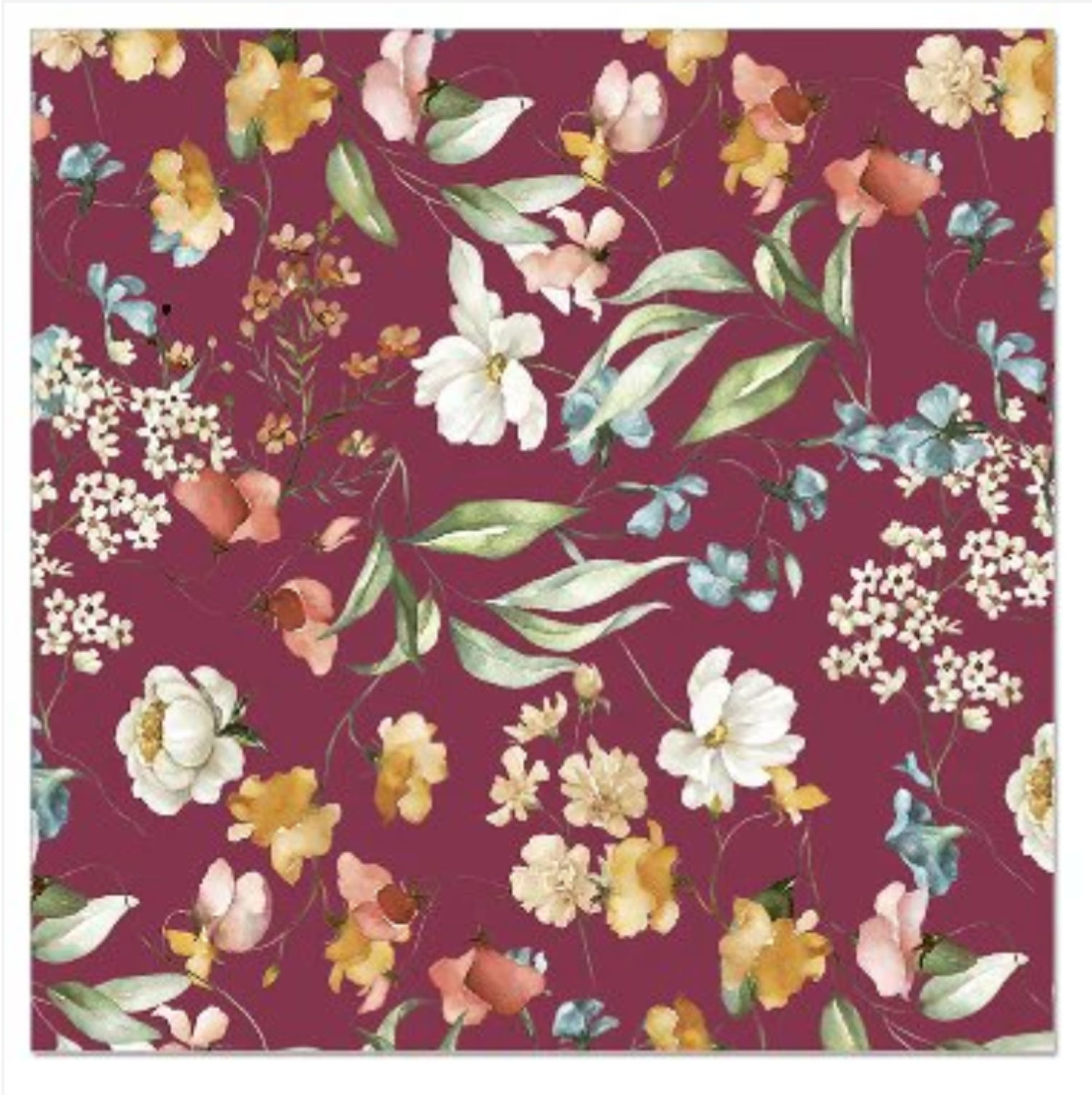 Floral pattern with various flowers and leaves on a maroon background