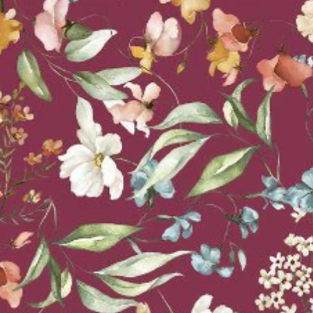 Floral pattern with various flowers and leaves on a maroon background