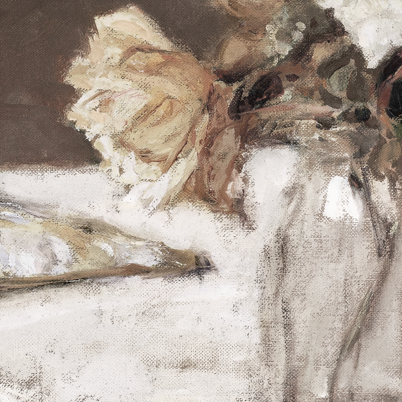 Close-up of a painting with abstract shapes and colors