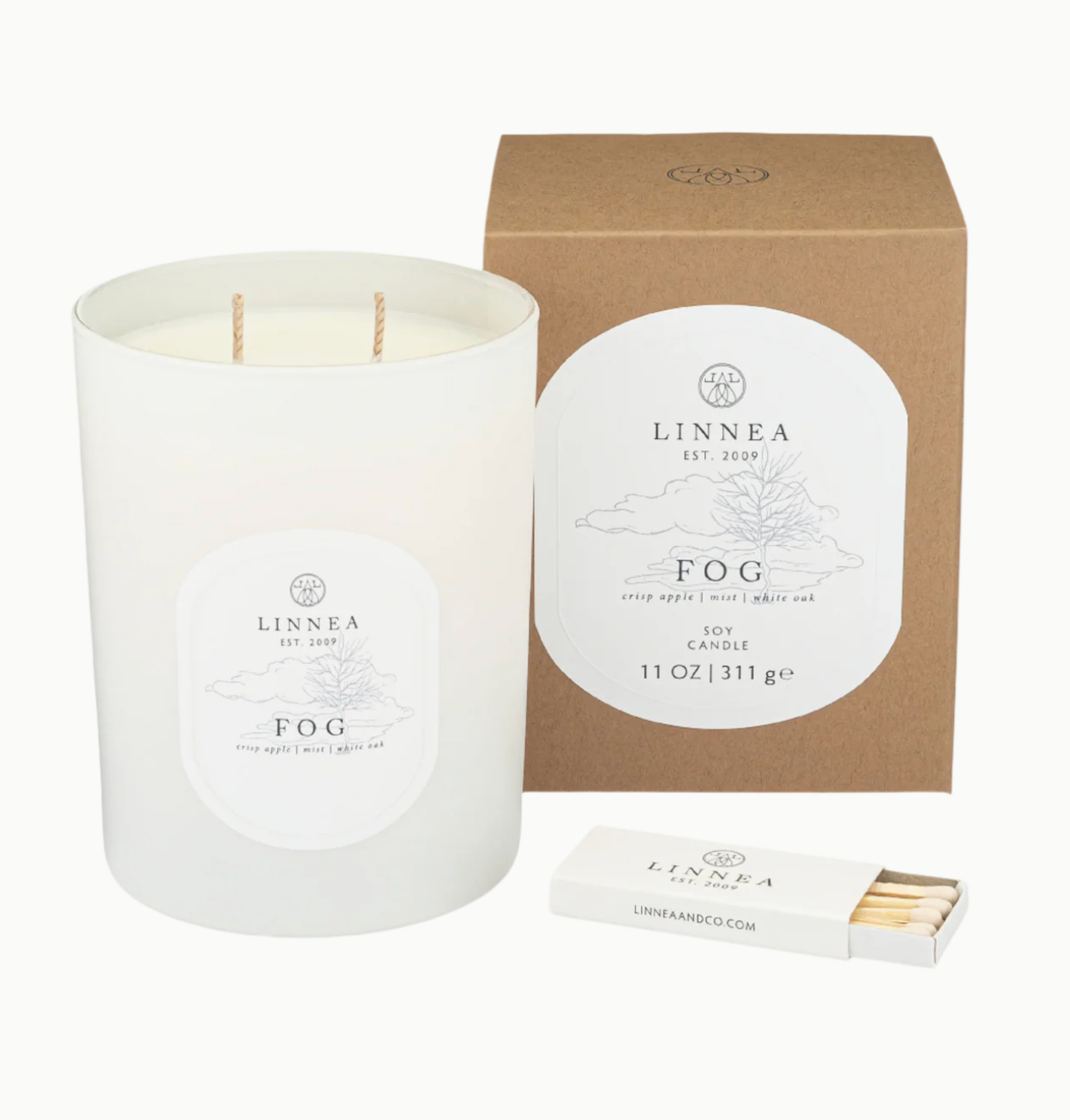 LINNEA 'Fog' candle with packaging and matches on a white background