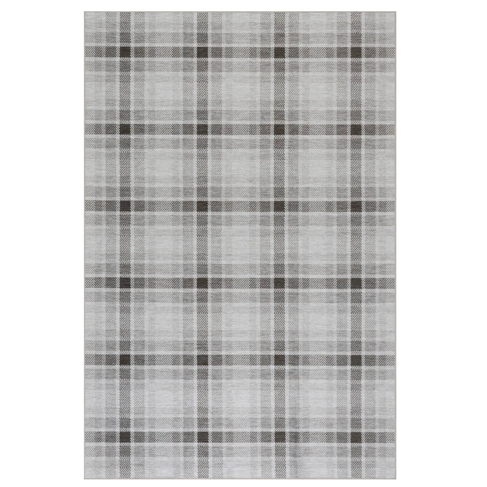 Plaid patterned rug with a white background