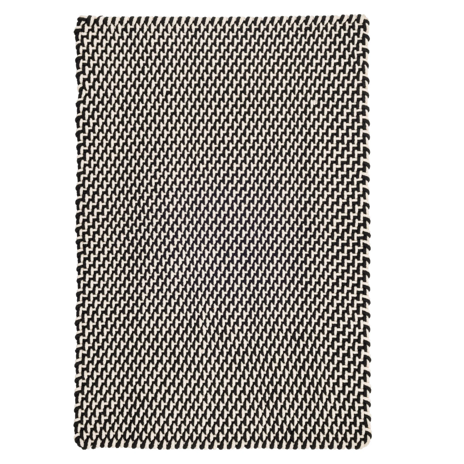 Rectangular rug with a black and white geometric pattern on a plain background