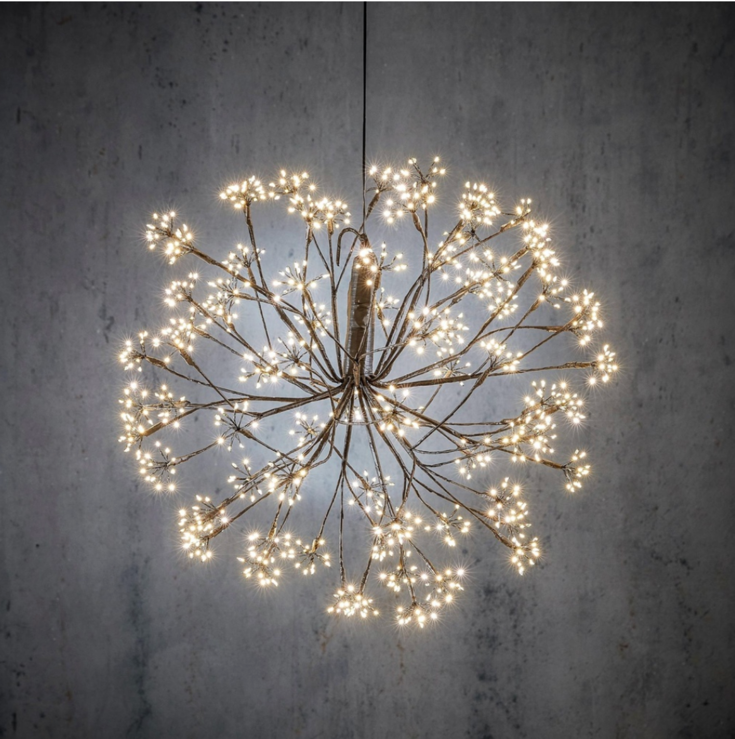 Decorative light fixture resembling a dandelion on a textured wall.