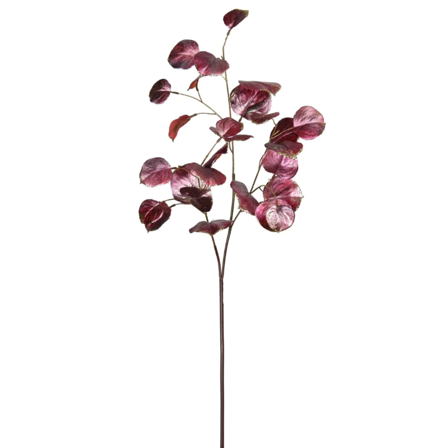 Artificial birch branch in sparkly burgundy on a white background