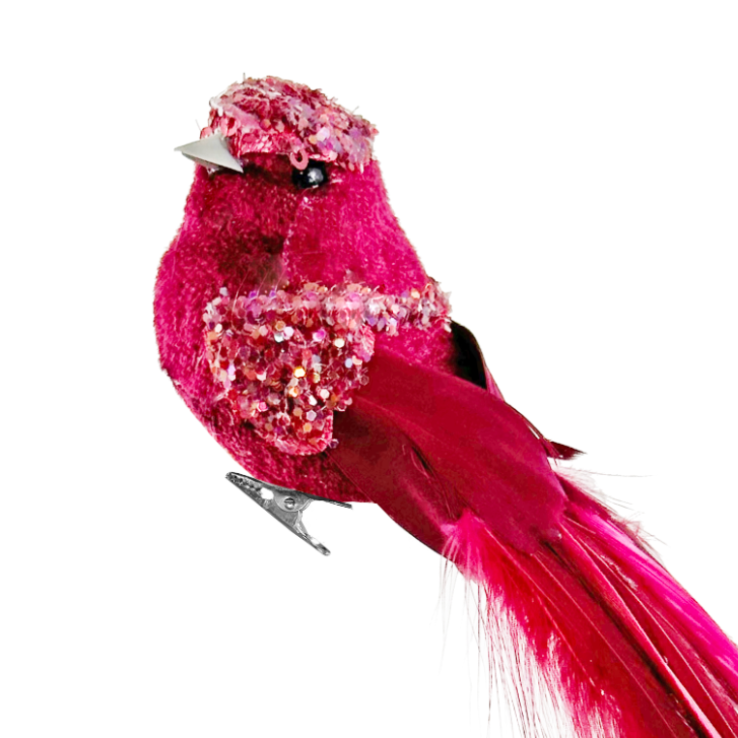 Decorative pink bird with long tail on a white background