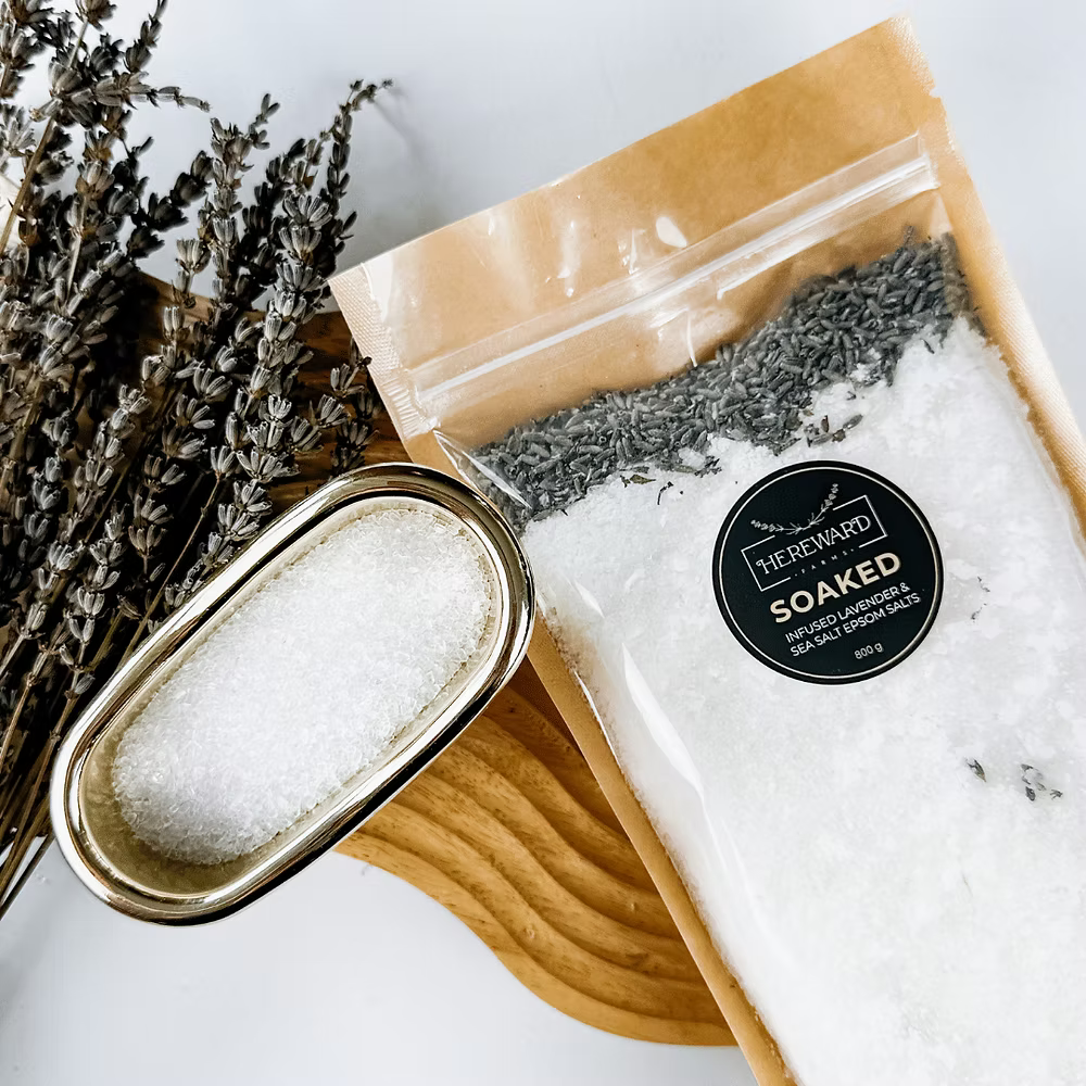 Soaked Hereward Farms Lavender Infused Bath Salts at Home Smith