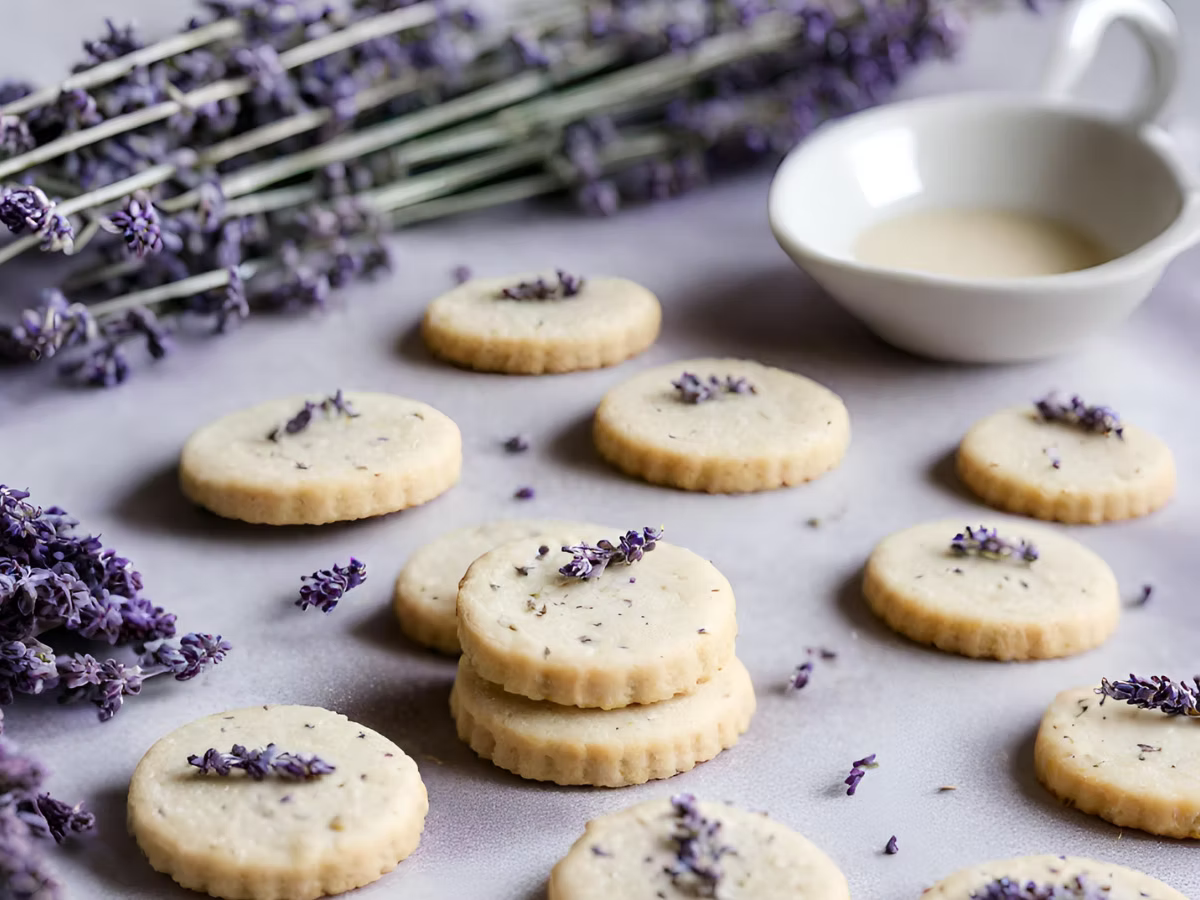 Lavender cookies on a surface with lavender flowers and a white bowl.