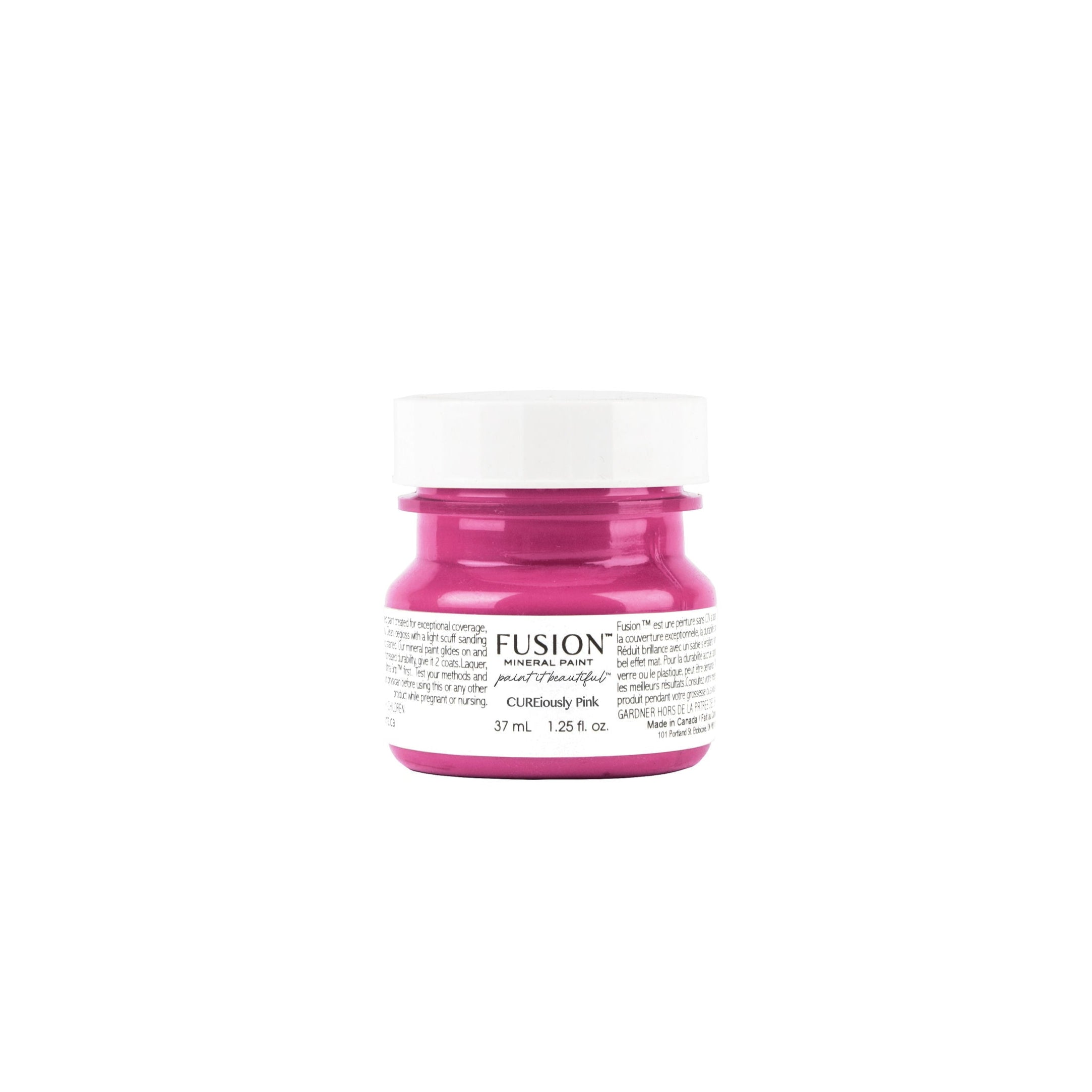 Jar of pink paint labeled 'Fusion' on a white background