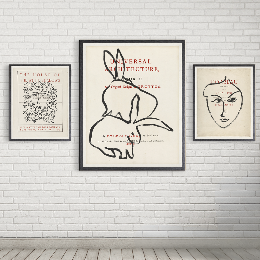 Set of three Frontispiece art prints hung in a row