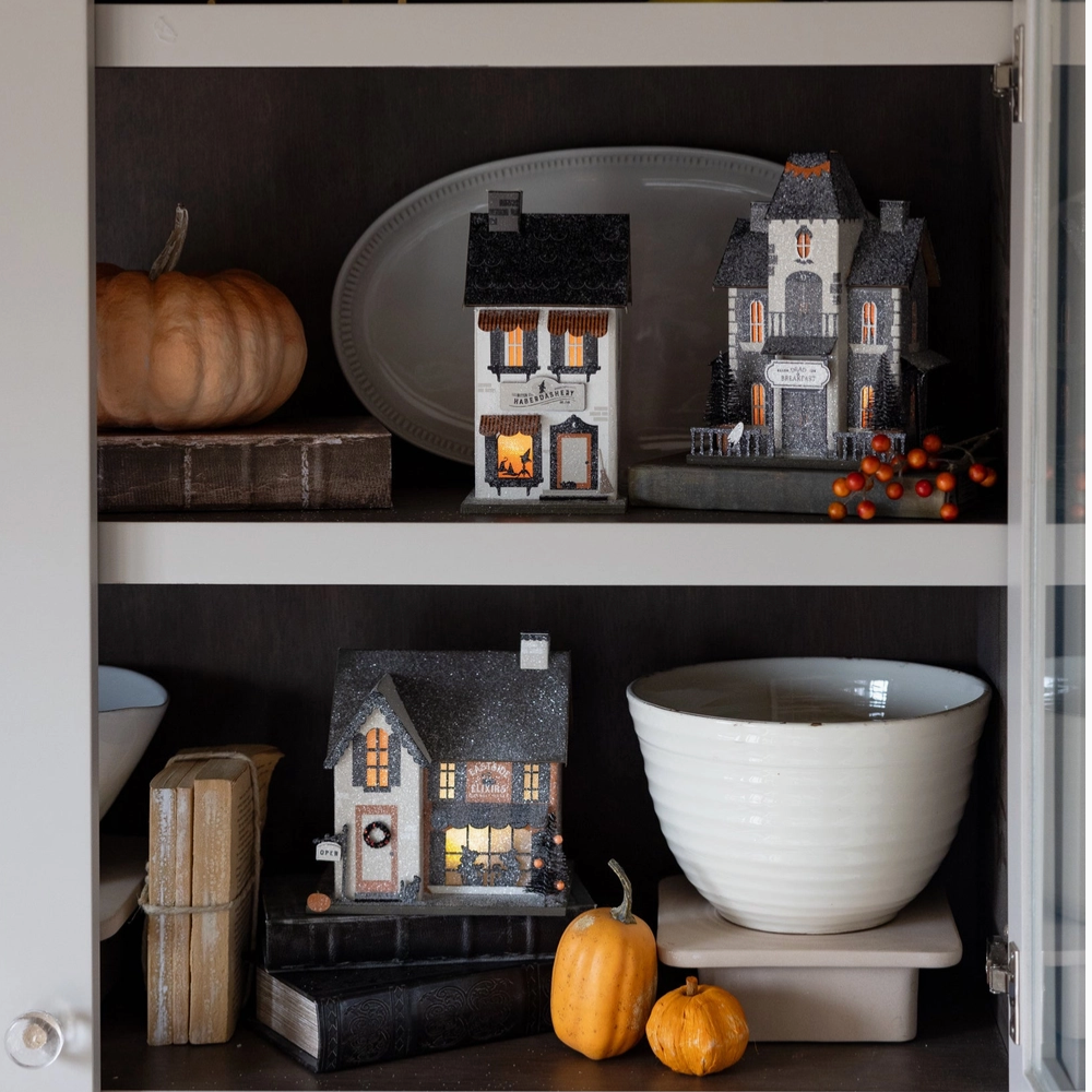 Set of three halloween LED light up houses haunted village